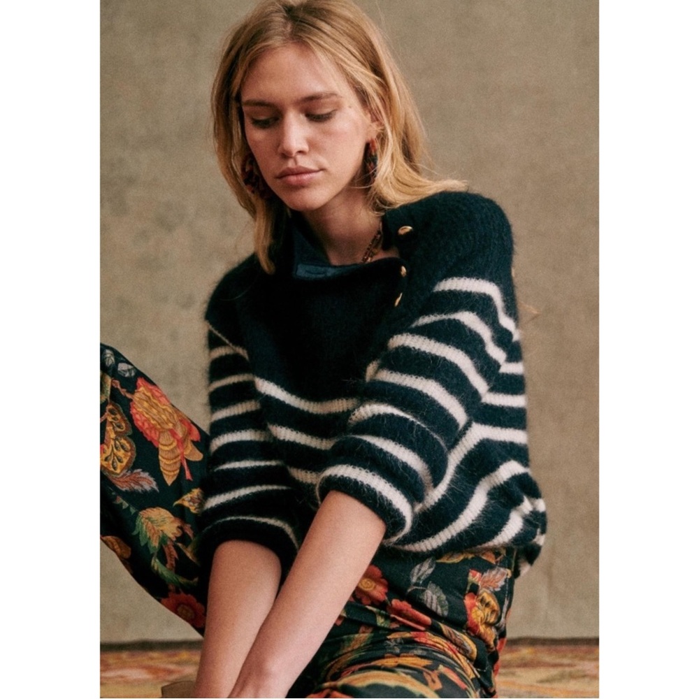 SEZANE Navy Blue & White Striped Alpaca Wool Sweater Fuzzy Preppy Trudy Jumper - Picture 5 of 16